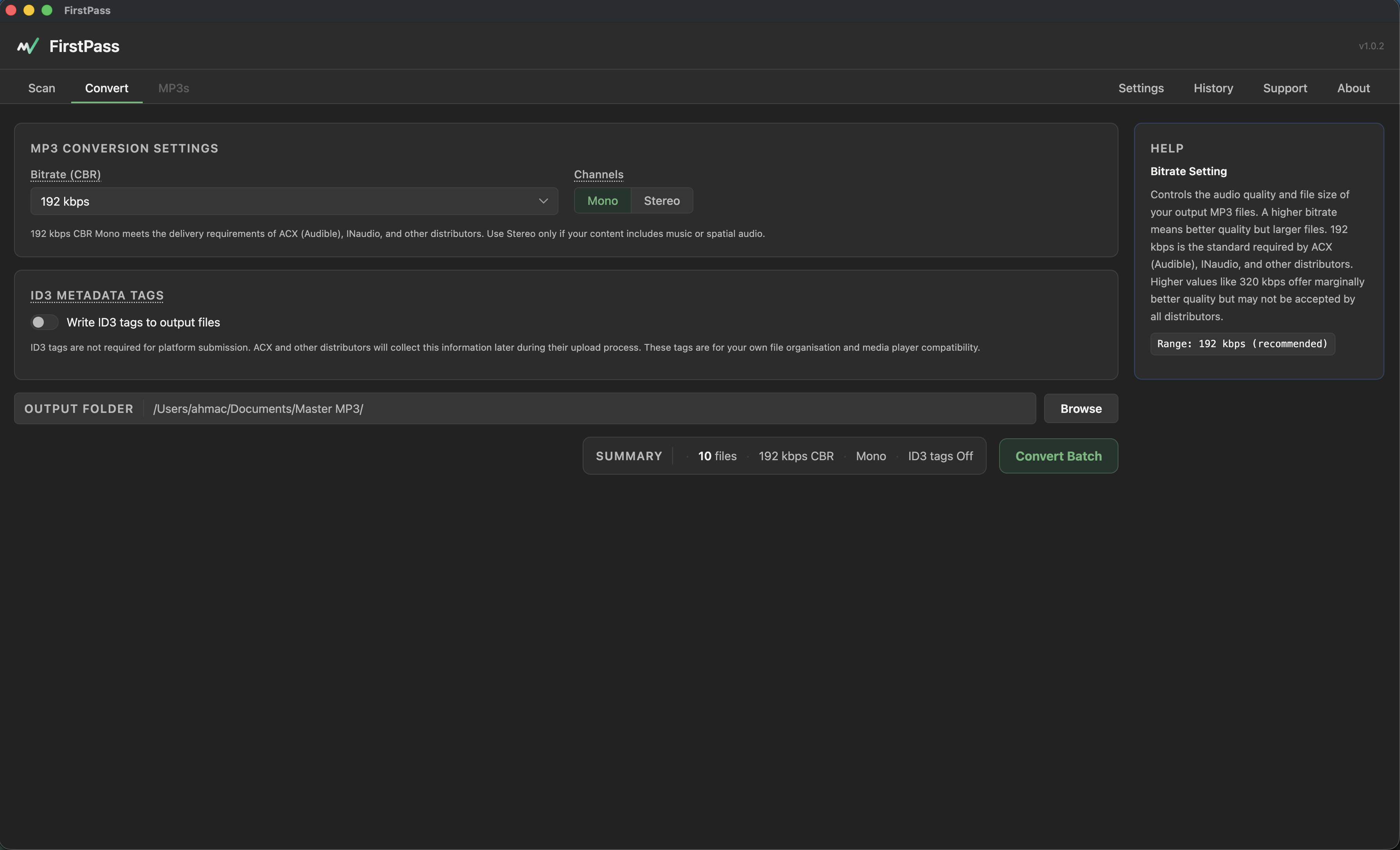 Convert tab — batch MP3 conversion settings