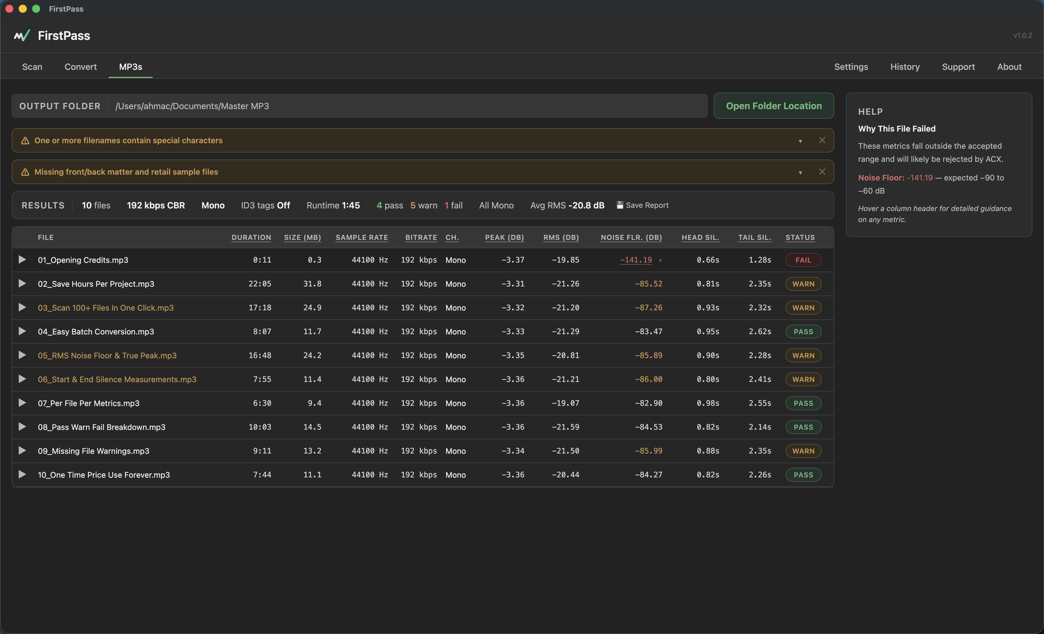 MP3 Results tab — final compliance scan